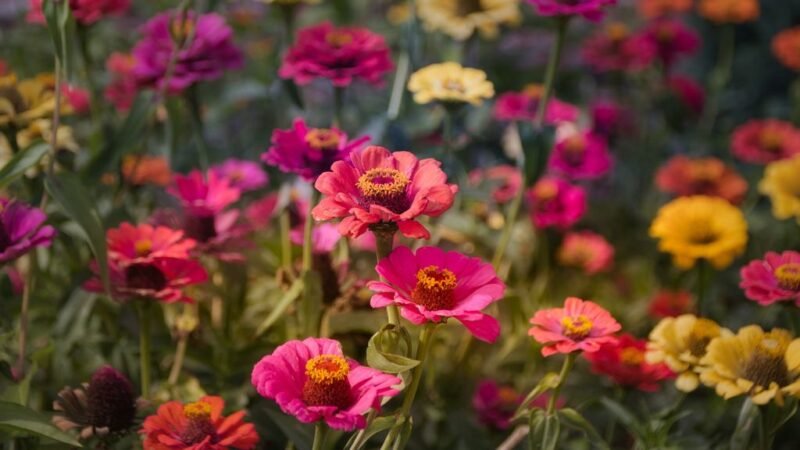 Zinnia elegans (Zinnia) - Zinnia collorful composition in the border - www.dearplants.com